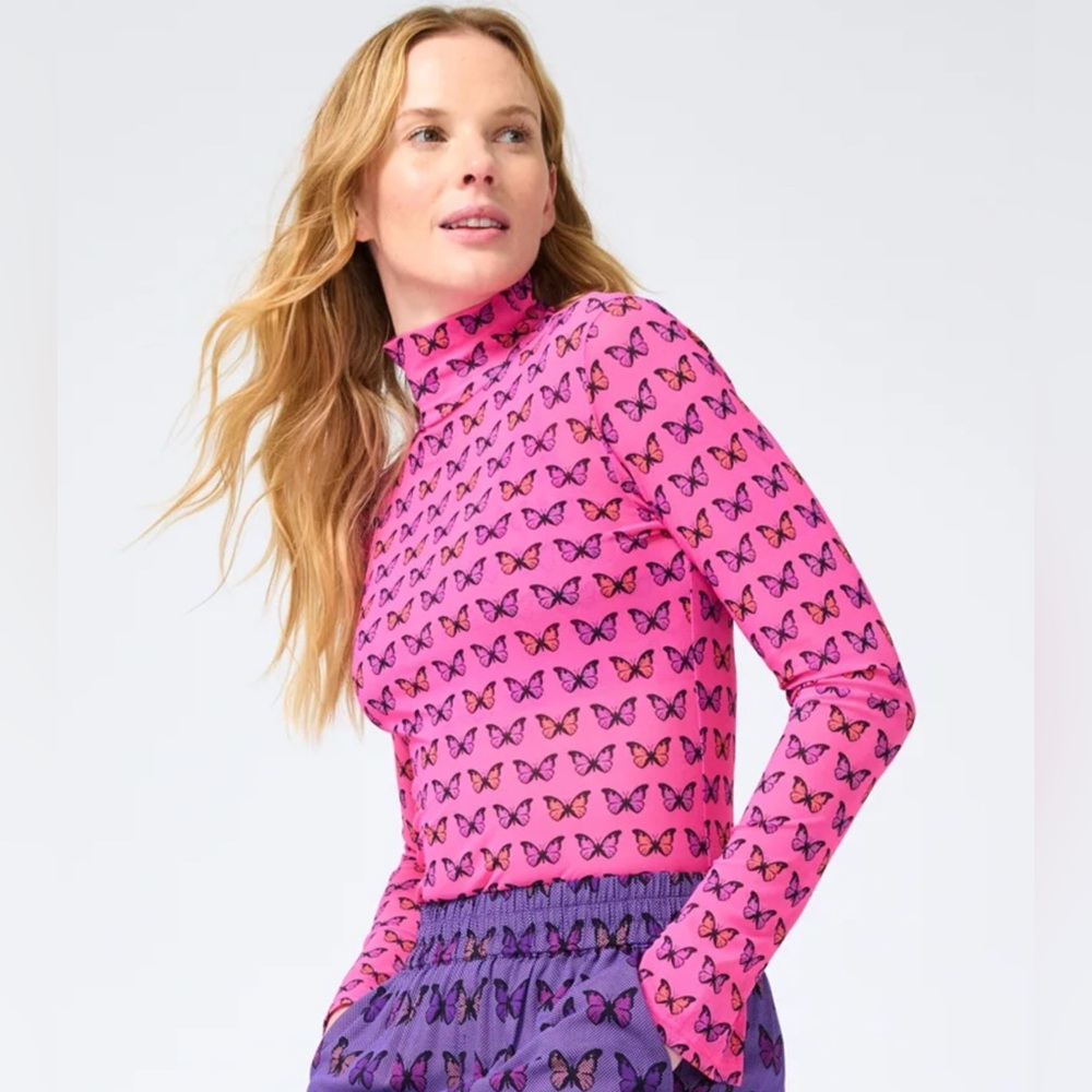 Terez New York Butterfly Half Tone Mesh Long Sleeve Mock Neck Top Women’s Size M